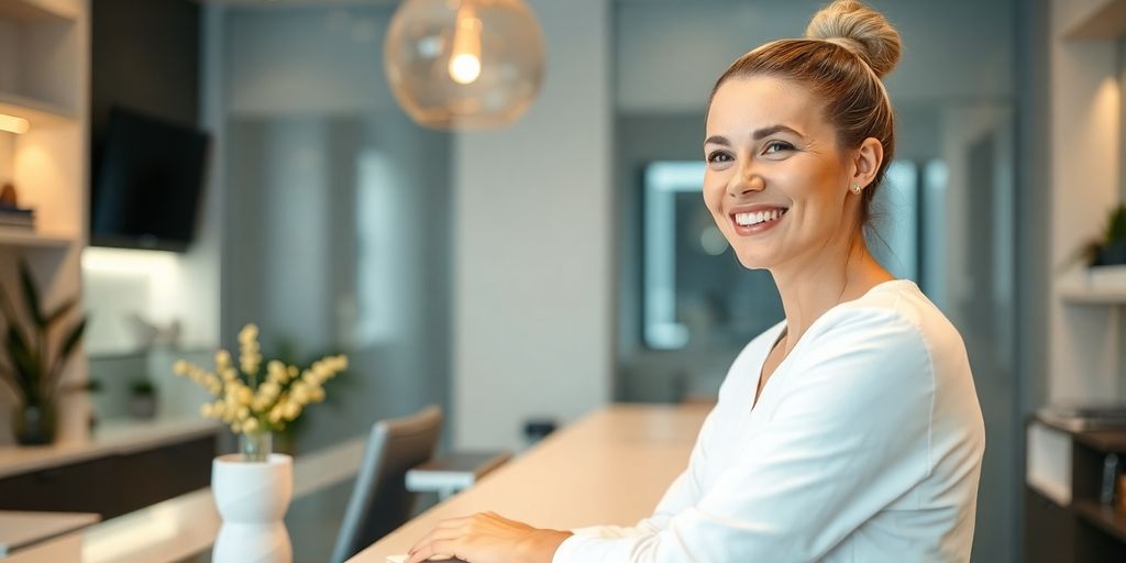 Smiling receptionist assisting a client in a modern medspa.
