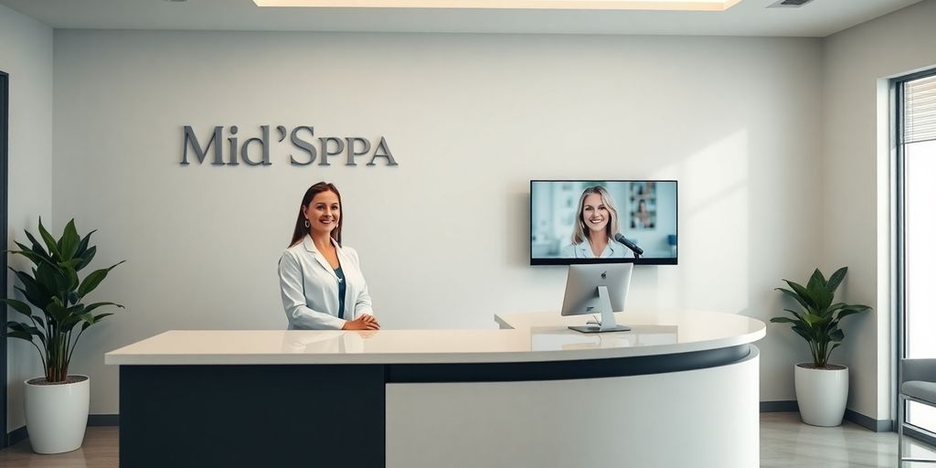 A serene MedSpa interior with a professional woman answering a call.