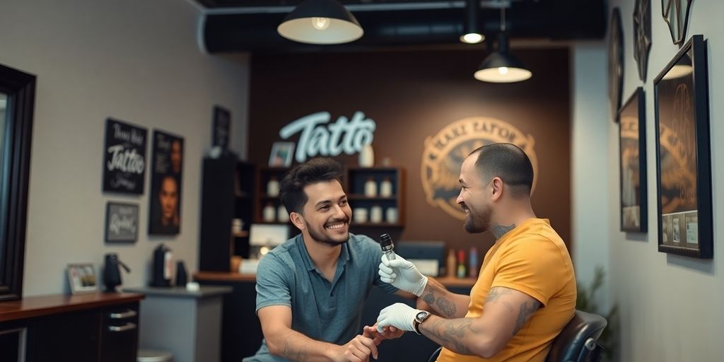 Tattoo artist speaking with client at studio counter.