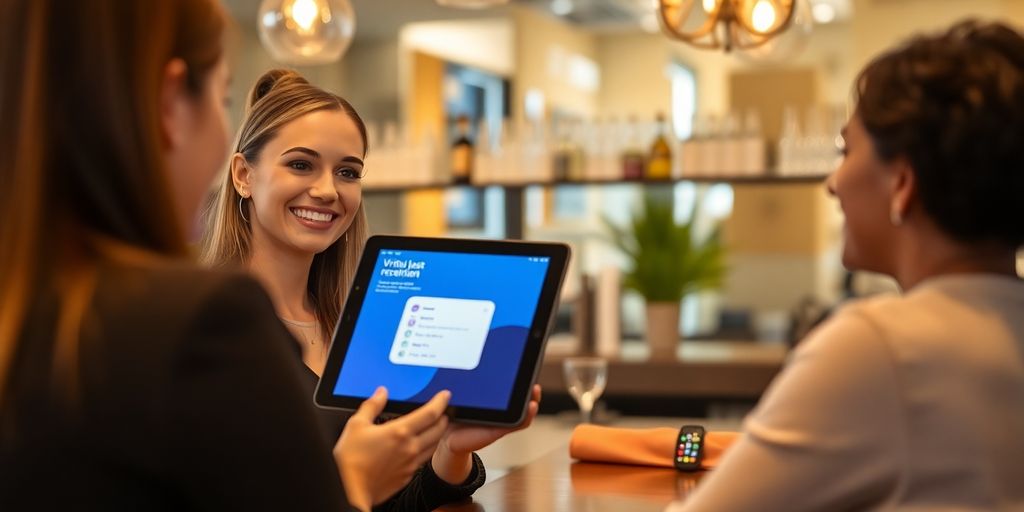 Virtual receptionist assisting a client at a lash bar.