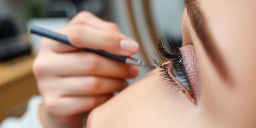Lash artist working efficiently while phone rings.