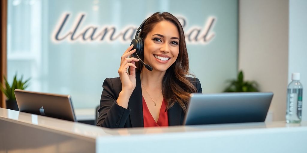 Woman answering phone at a modern reception desk.