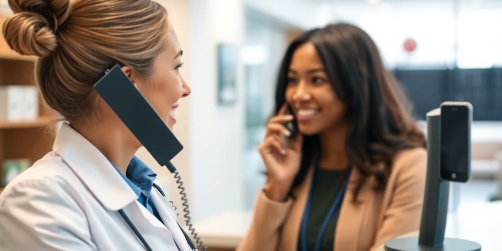 Smiling receptionist answering a call.