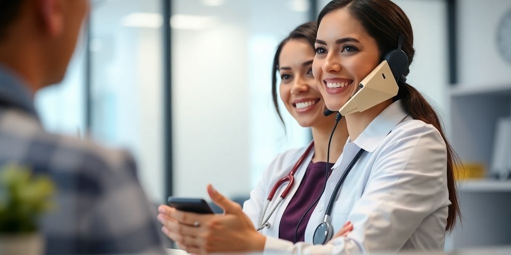 Smiling receptionist answering phone at a clinic.