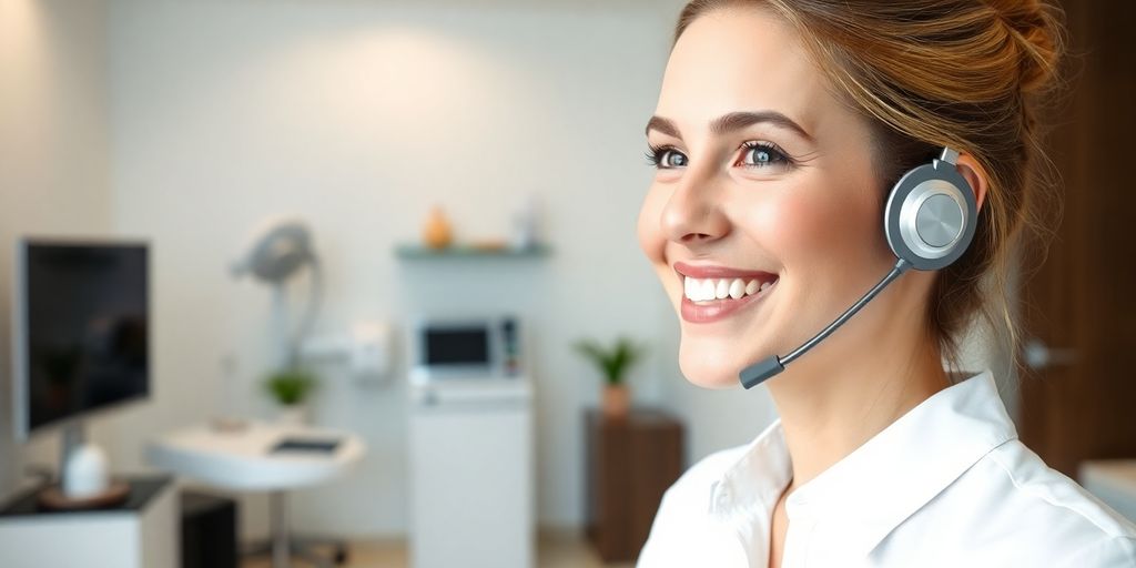 Smiling receptionist answers phone at a modern clinic.