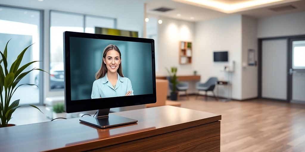 Physiotherapy clinic reception with a friendly virtual receptionist.