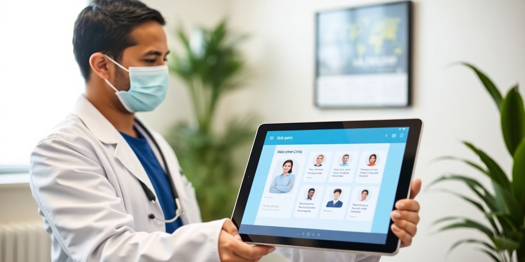 Physiotherapist smiling with a virtual receptionist interface.