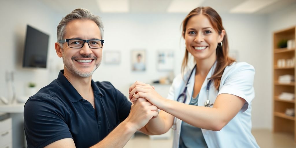 Physiotherapist interacting with happy patient in modern clinic.