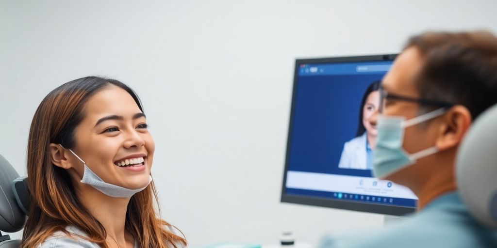 Dentist talking to patient with virtual receptionist in background.
