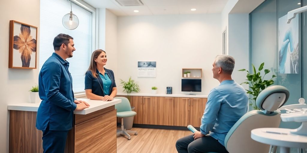 Smiling dentist and happy patient in a clean clinic.