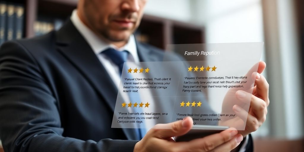 Attorney reviewing positive online client testimonials.