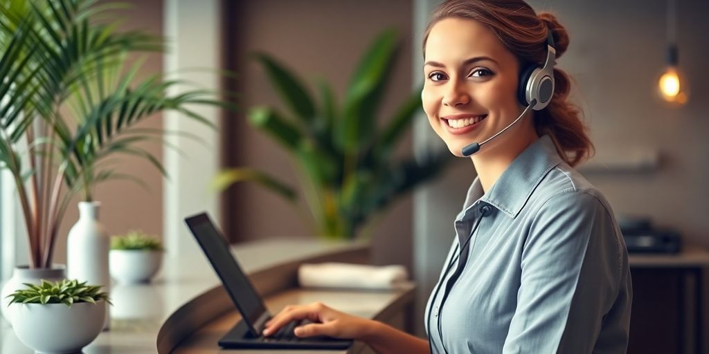 Spa receptionist with headset and calm background.