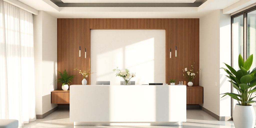 Spa reception desk with a serene ambiance.