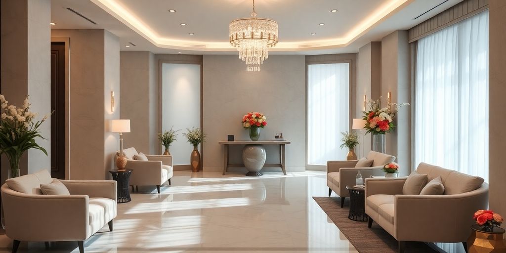 Serene spa reception with flowers and plush seating.