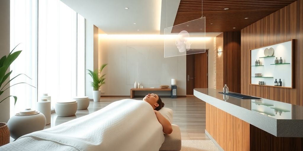 Spa client relaxing, virtual receptionist interface visible.