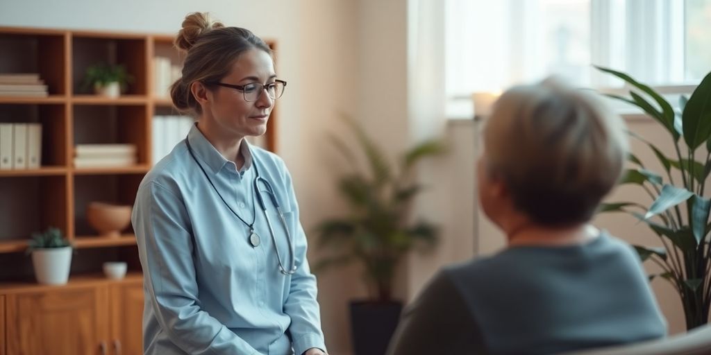 Therapist consulting with patient, virtual receptionist visible.
