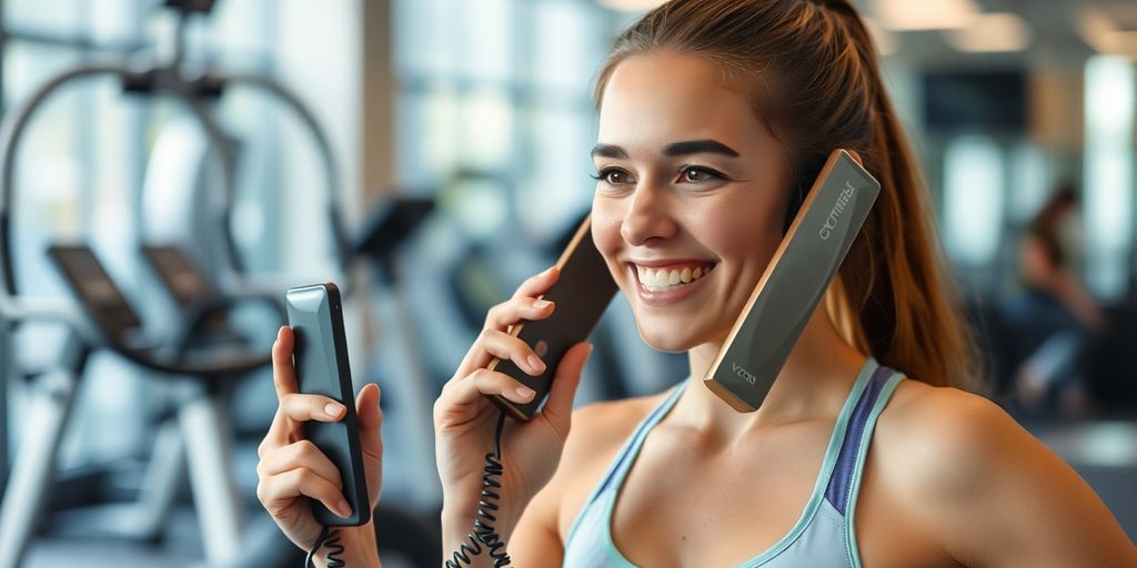Person answering phone at a busy gym reception.