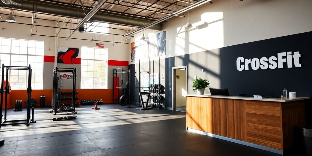 CrossFit gym front desk with a smiling person.