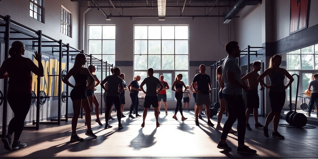 CrossFit gym with modern equipment and people training.