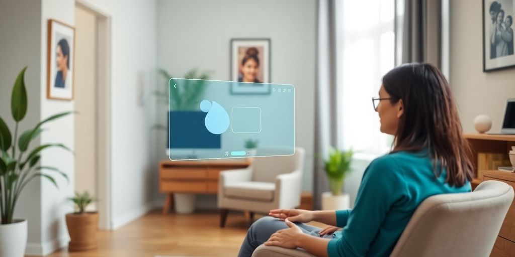 Therapist interacting with patient, virtual receptionist screen visible.