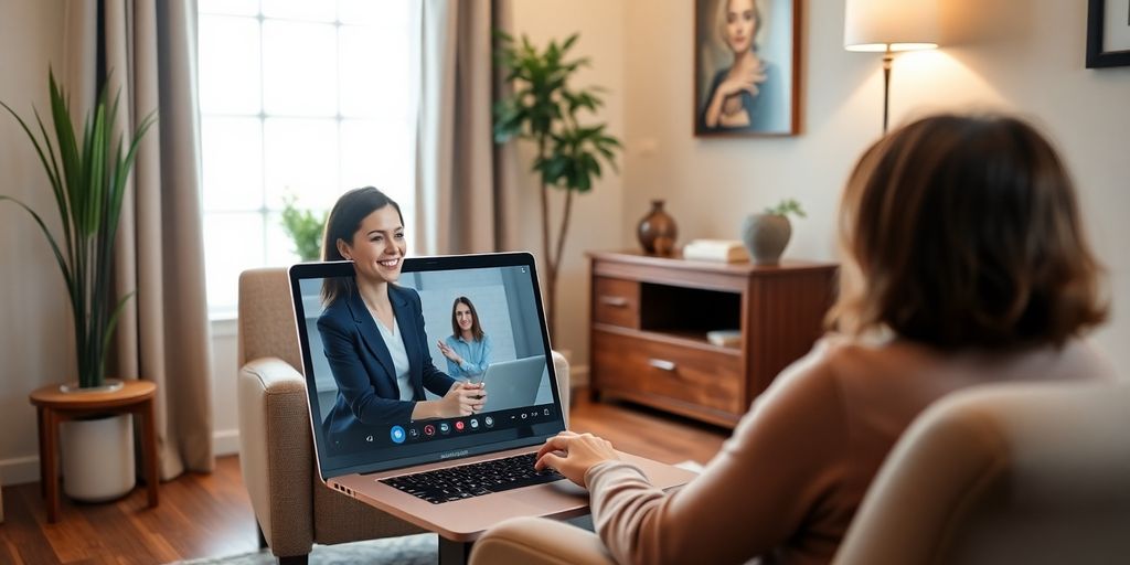 Therapist smiling with a client on a laptop screen.