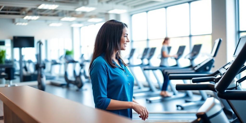 Fitness studio interior with smiling receptionist.