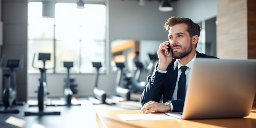 Fitness studio owner smiling, talking to client on phone.