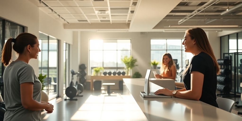 Fitness enthusiasts interacting with a friendly receptionist.