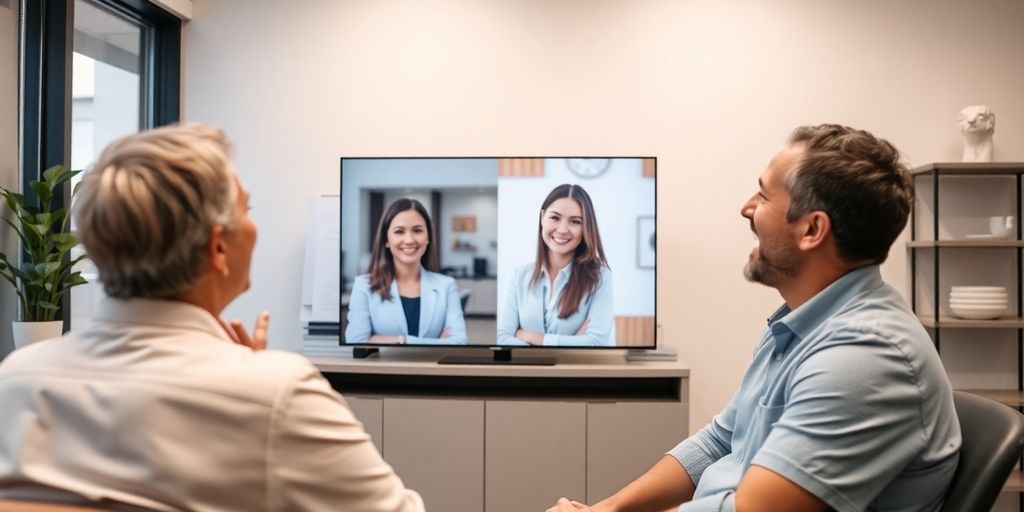 Chiropractor talking to patient, virtual receptionist visible.