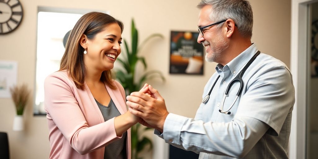 Chiropractor speaking with patient at desk.