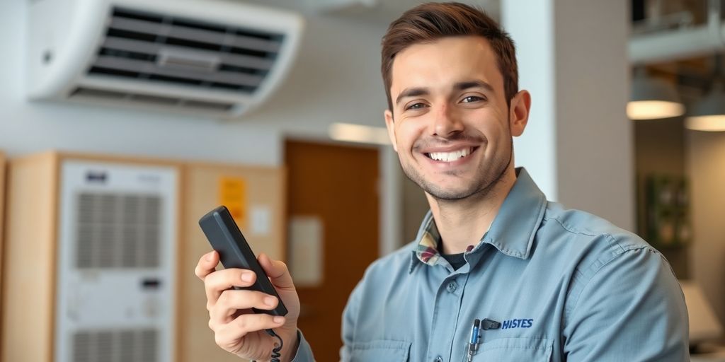 HVAC technician smiling, answering a call.