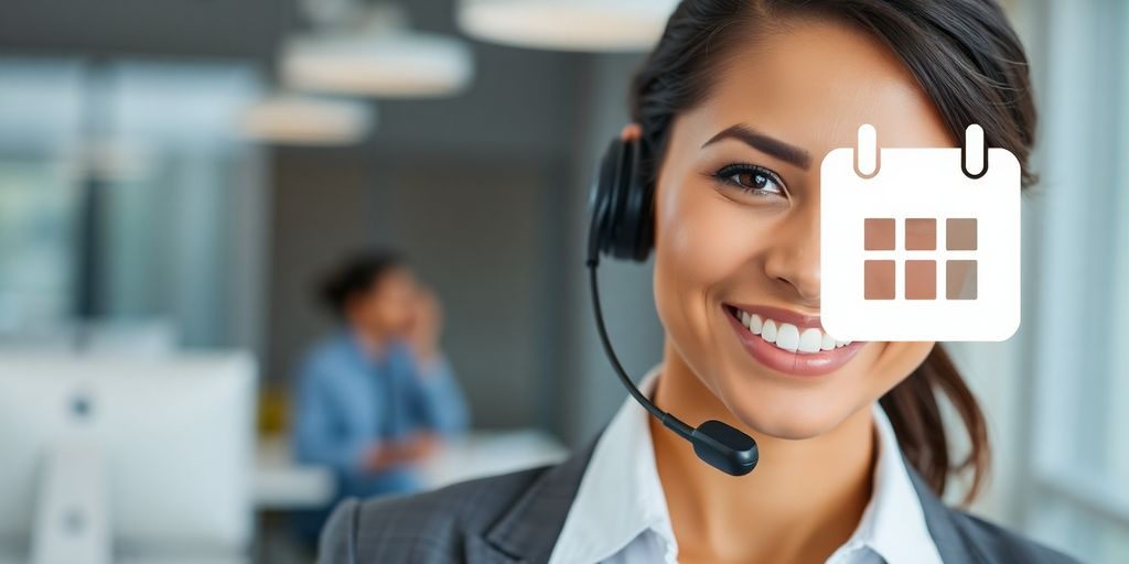 Smiling person answering a phone and a calendar.