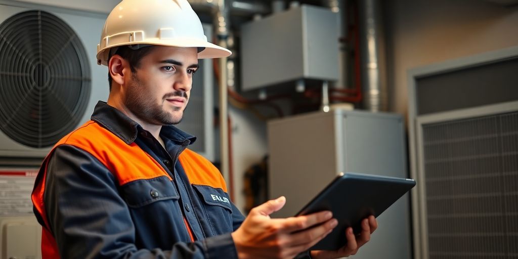 HVAC technician working near a digital device.