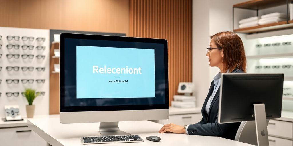 Optometrist using a computer with a friendly receptionist on screen.