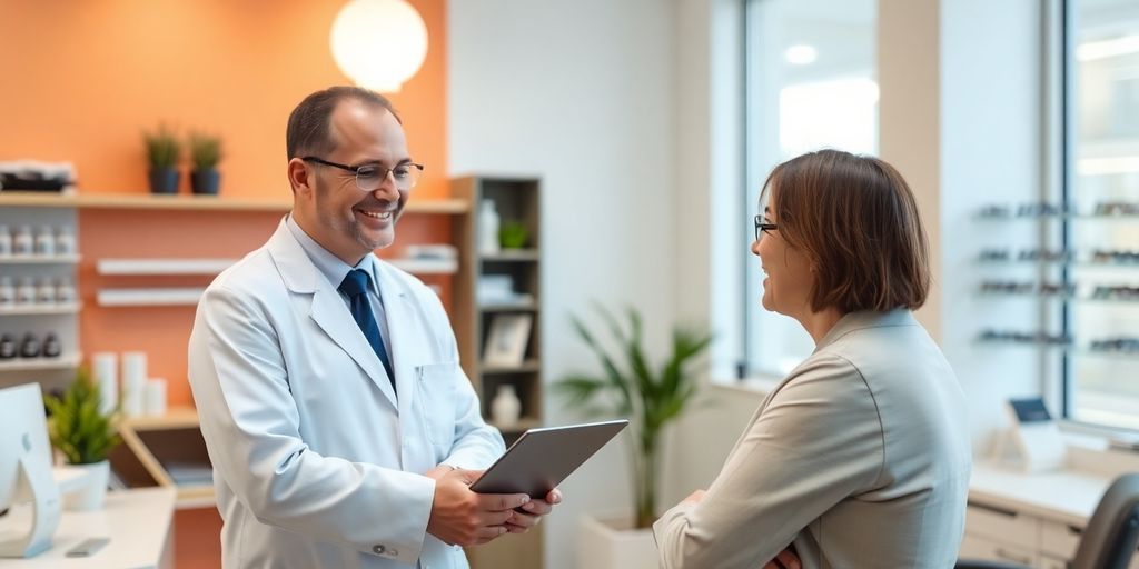 Optometrist smiling with a patient in a modern eye clinic.
