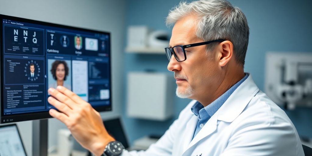 Optometrist reviewing patient data securely.
