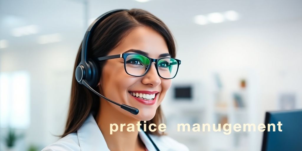 Optometrist smiling while speaking on a headset.