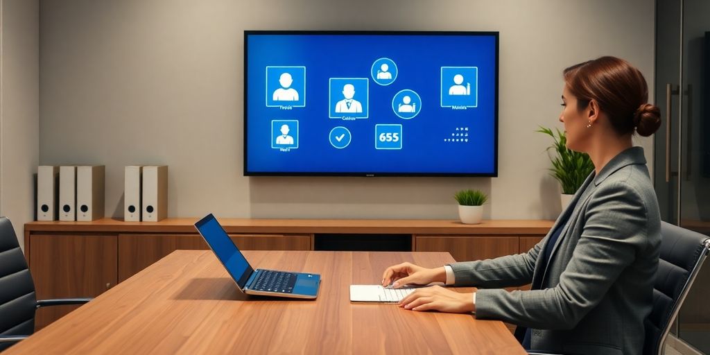 Lawyer interacting with a virtual receptionist interface.