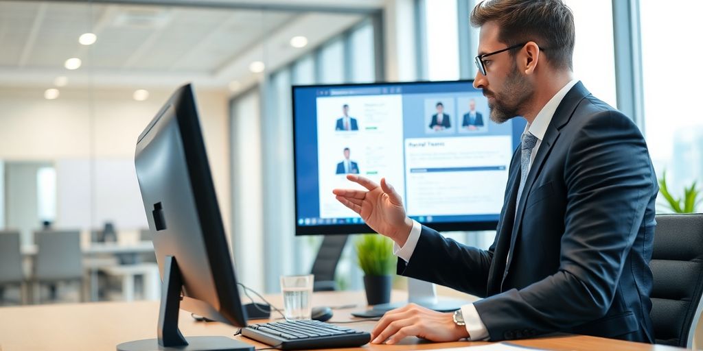 Lawyer using a laptop with a virtual assistant.