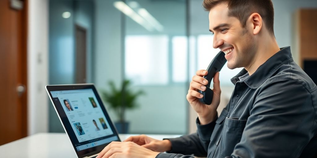 Plumber using phone with virtual receptionist