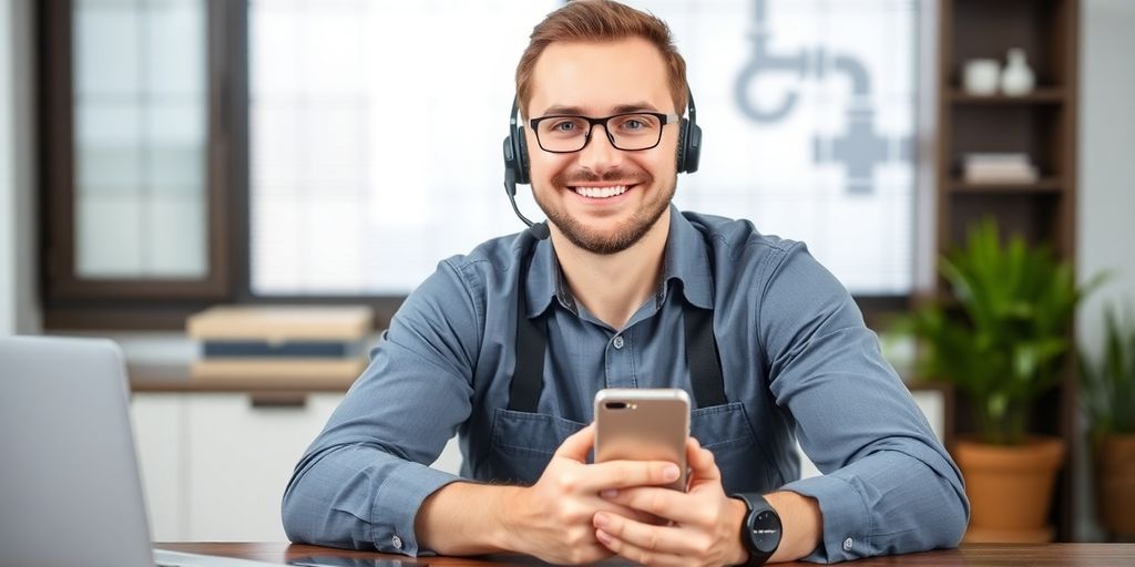 Plumber using a smartphone with a headset nearby.
