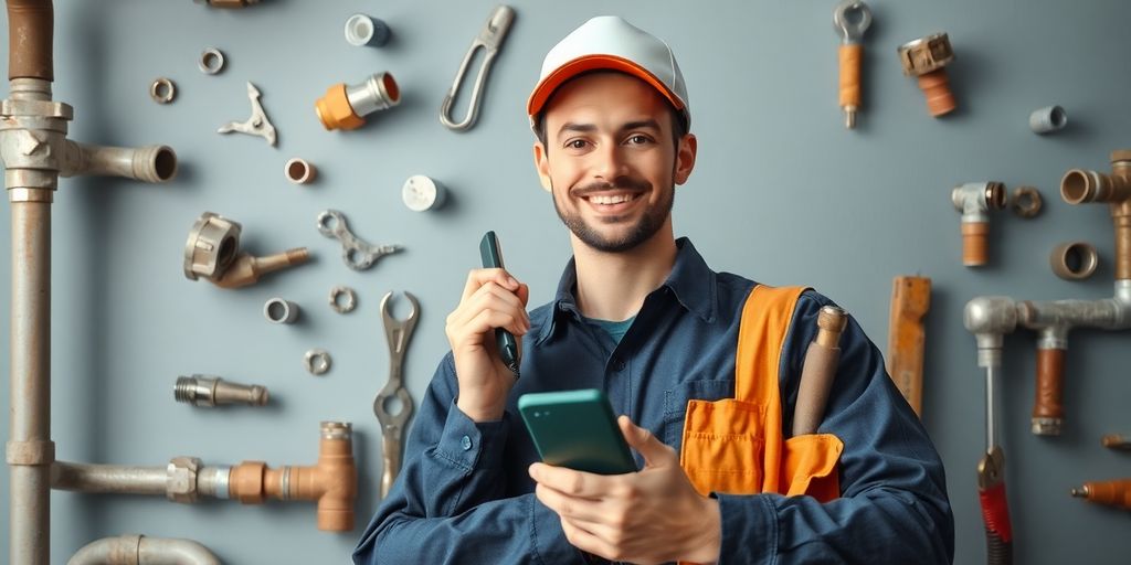 Plumber talking on phone with business tools.