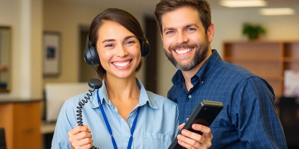 Pest control technician answering phone, 24/7 support.