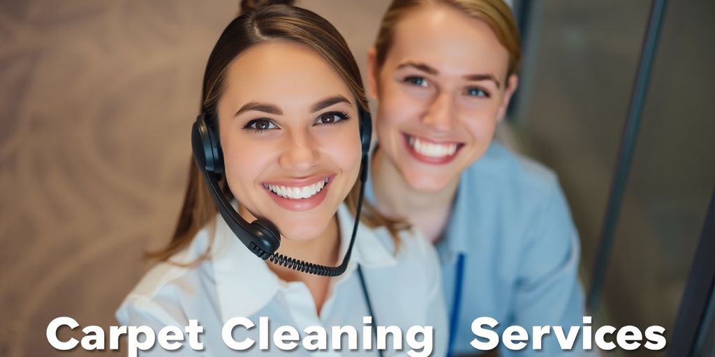 Smiling receptionist answers phone near clean carpet.
