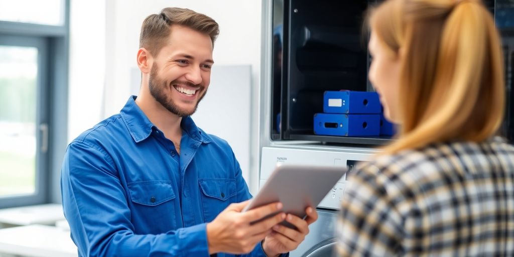 Appliance repair technician using a tablet.