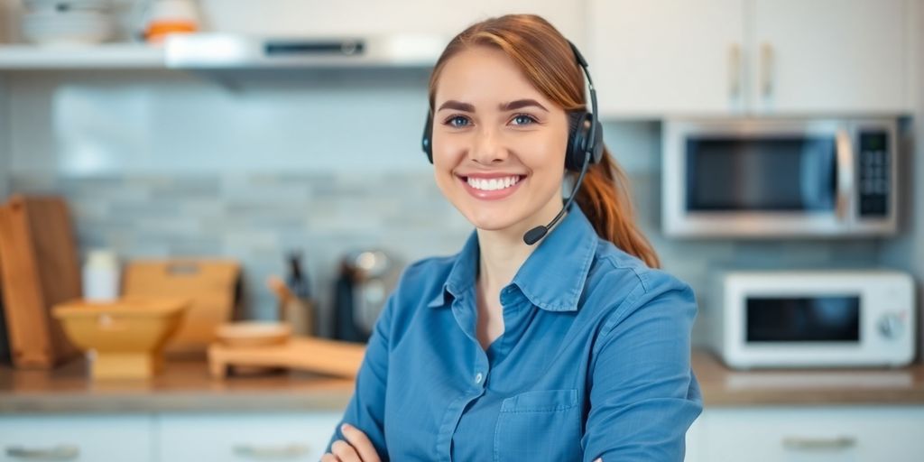 Person talking on phone near appliances.