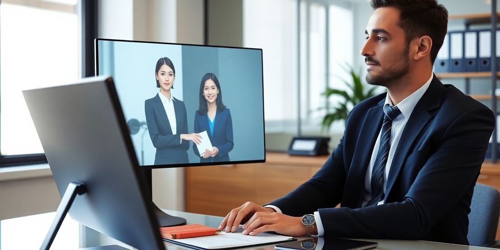 Immigration lawyer using a laptop with a virtual receptionist.