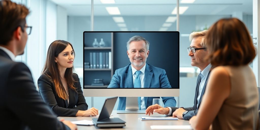 Immigration lawyer consulting with client via video call.