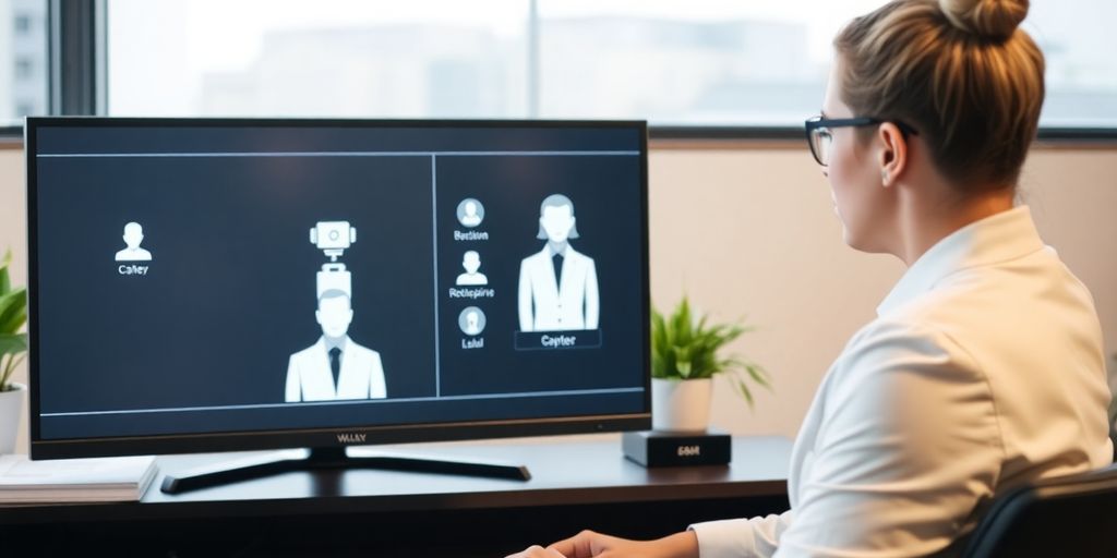 Lawyer interacting with a virtual receptionist interface.
