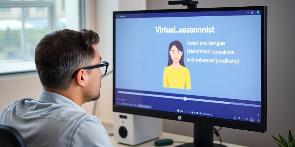 Accountant using a computer with a virtual receptionist on screen.